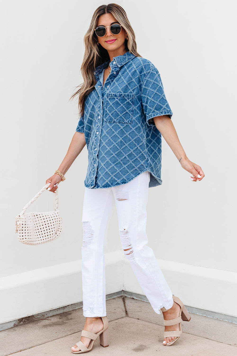 Dusk Blue Checkered Textured Short Sleeve Patched Pocket Denim Shirt