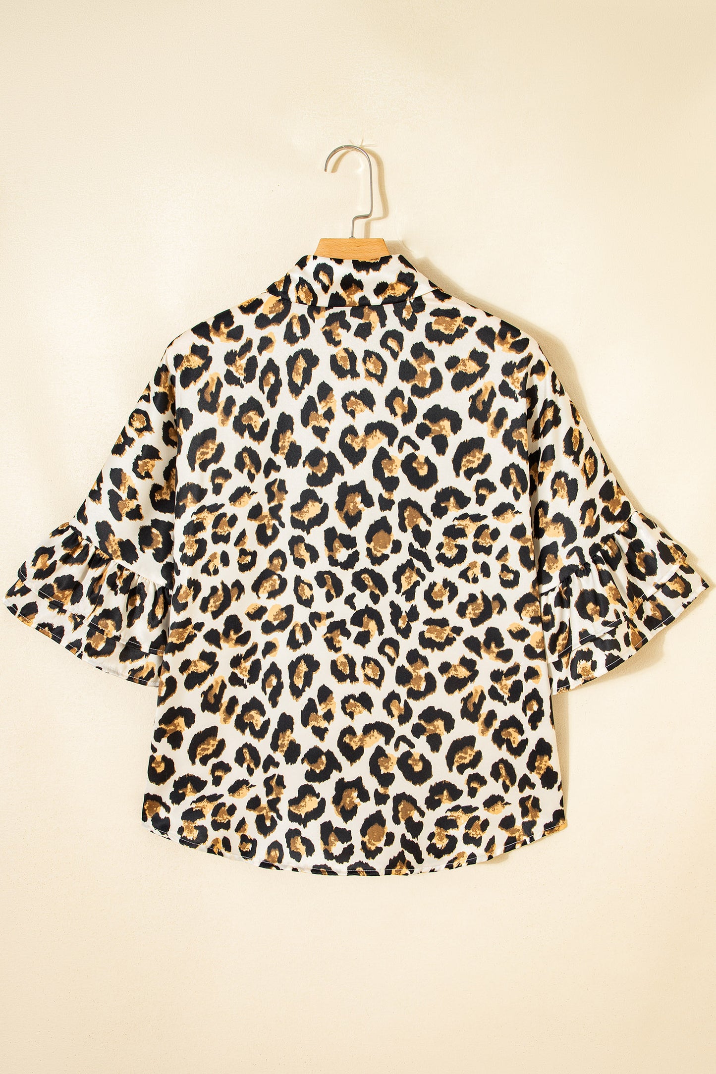 Khaki Leopard Print Ruffle Trim 3/4 Sleeve Loose Shirt