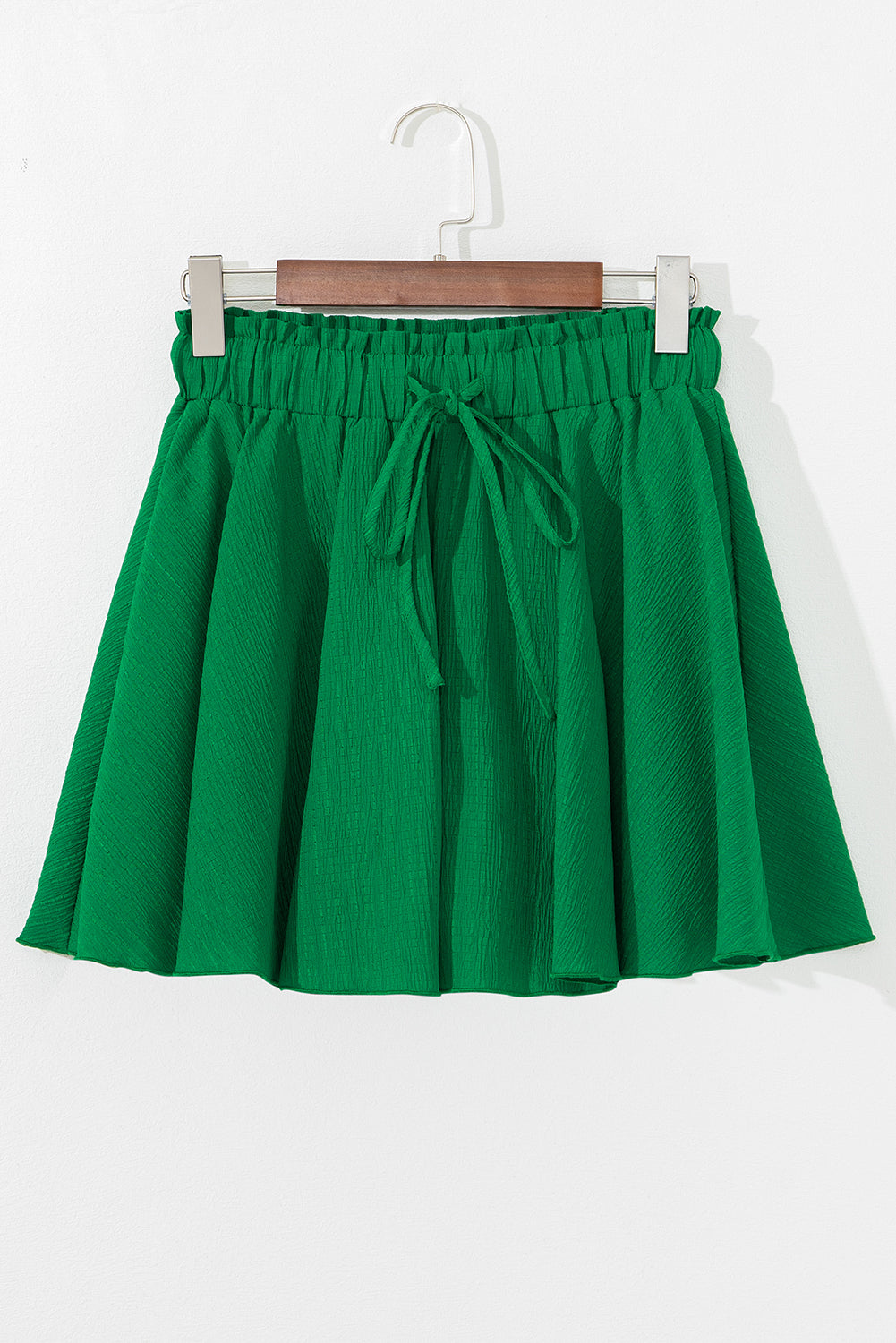 Dark Green Textured Frilled Lace-up Elastic Waistband Ruffle Wide Leg Shorts