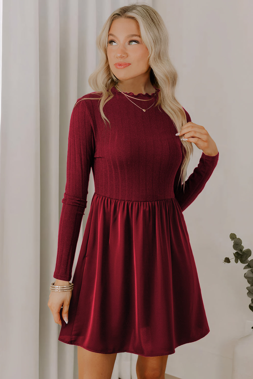 Red Dahlia Frilled Neck Ribbed Knit Patchwork Long Sleeve Mini Dress