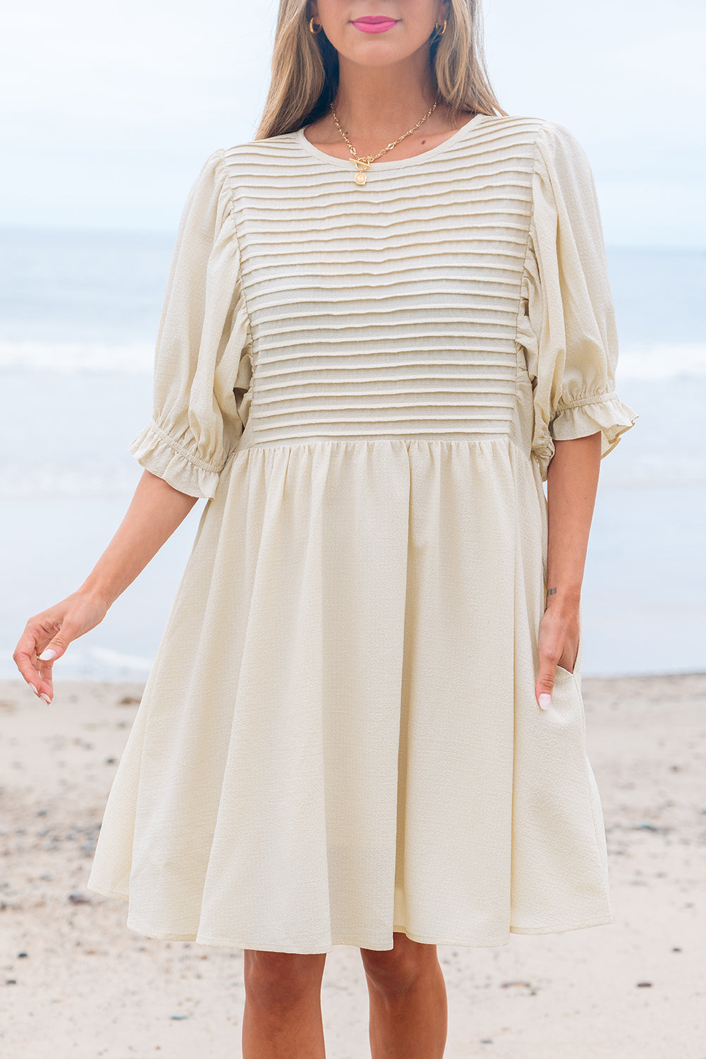 White Textured Ruffled Puff Sleeve Loose Dress