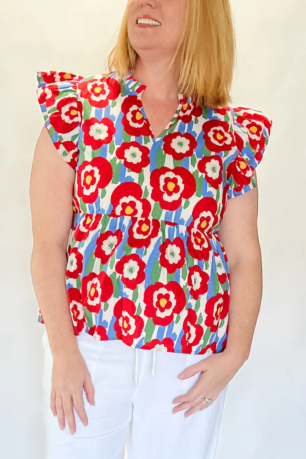 Red Plus Size Floral Print Ruffle Trim Split Neck Peplum Top