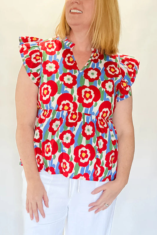 Red Plus Size Floral Print Ruffle Trim Split Neck Peplum Top