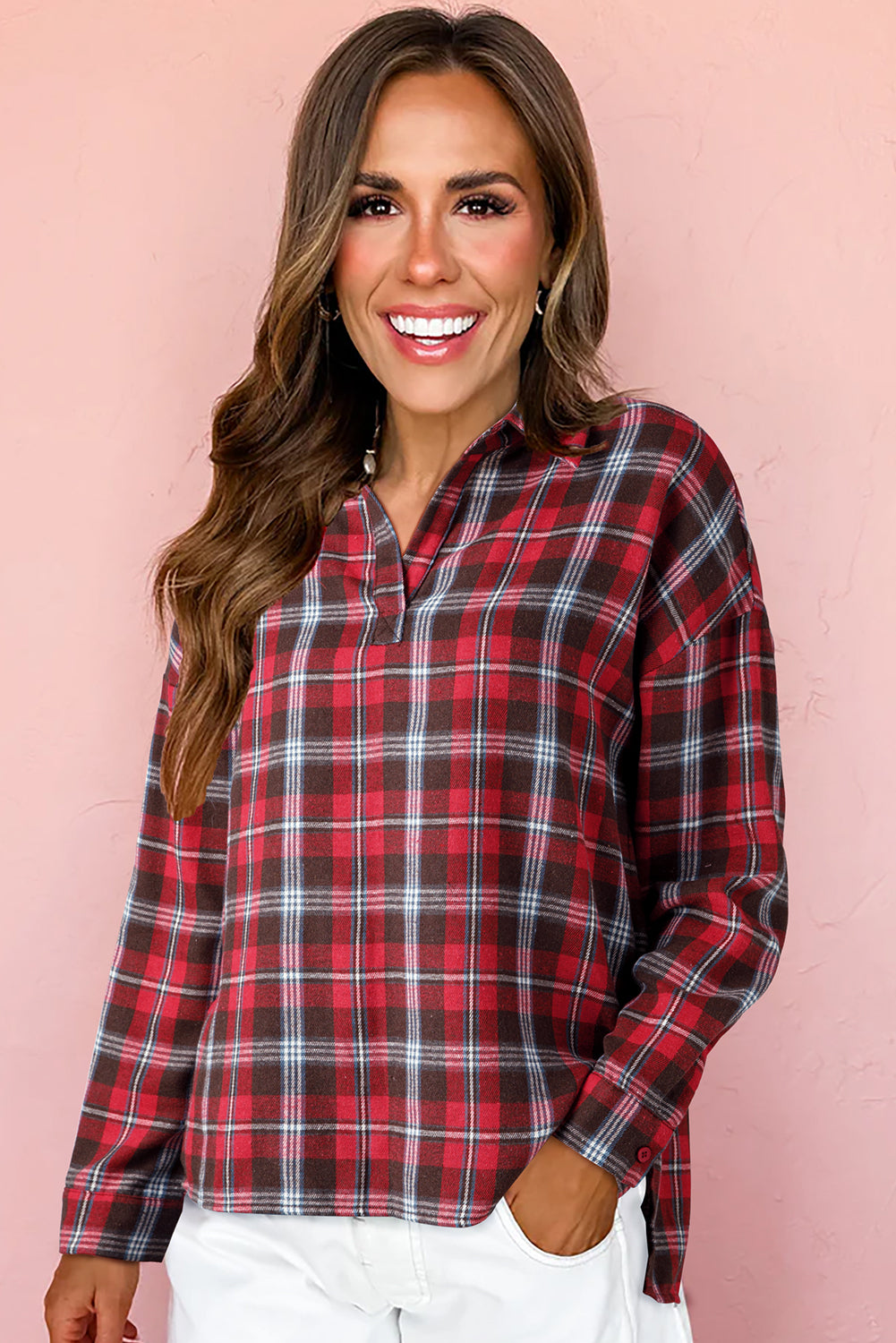 White Plaid Print Collared V Neck Loose Blouse with Side Slits
