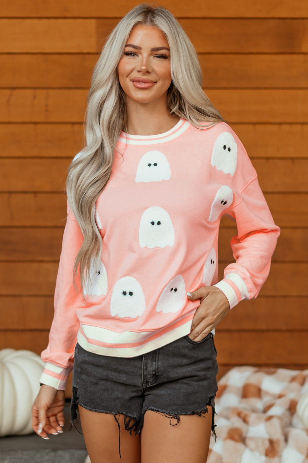 Gossamer Pink Halloween Terry Ghost Striped Trim Loose Sweatshirt