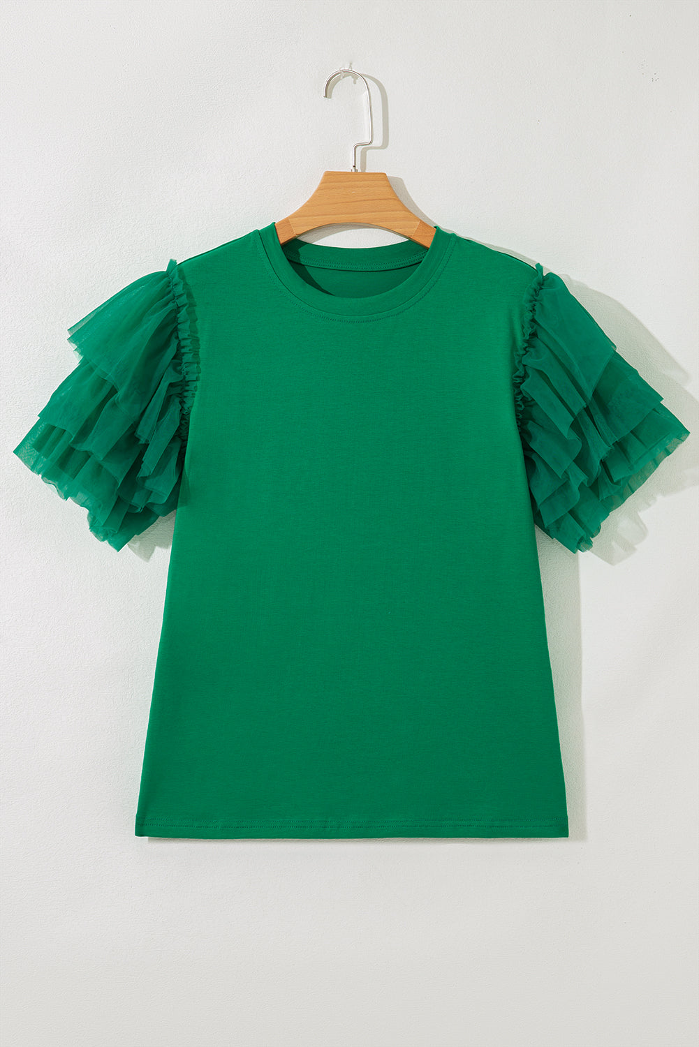 Dark Green Tulle Ruffle Sleeve Blouse