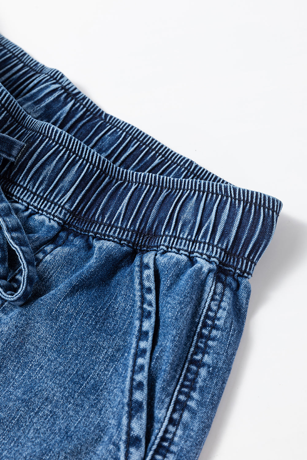 Sail Blue Mineral Wash Drawstring Elastic Waistband Loose Straight Denim Pants