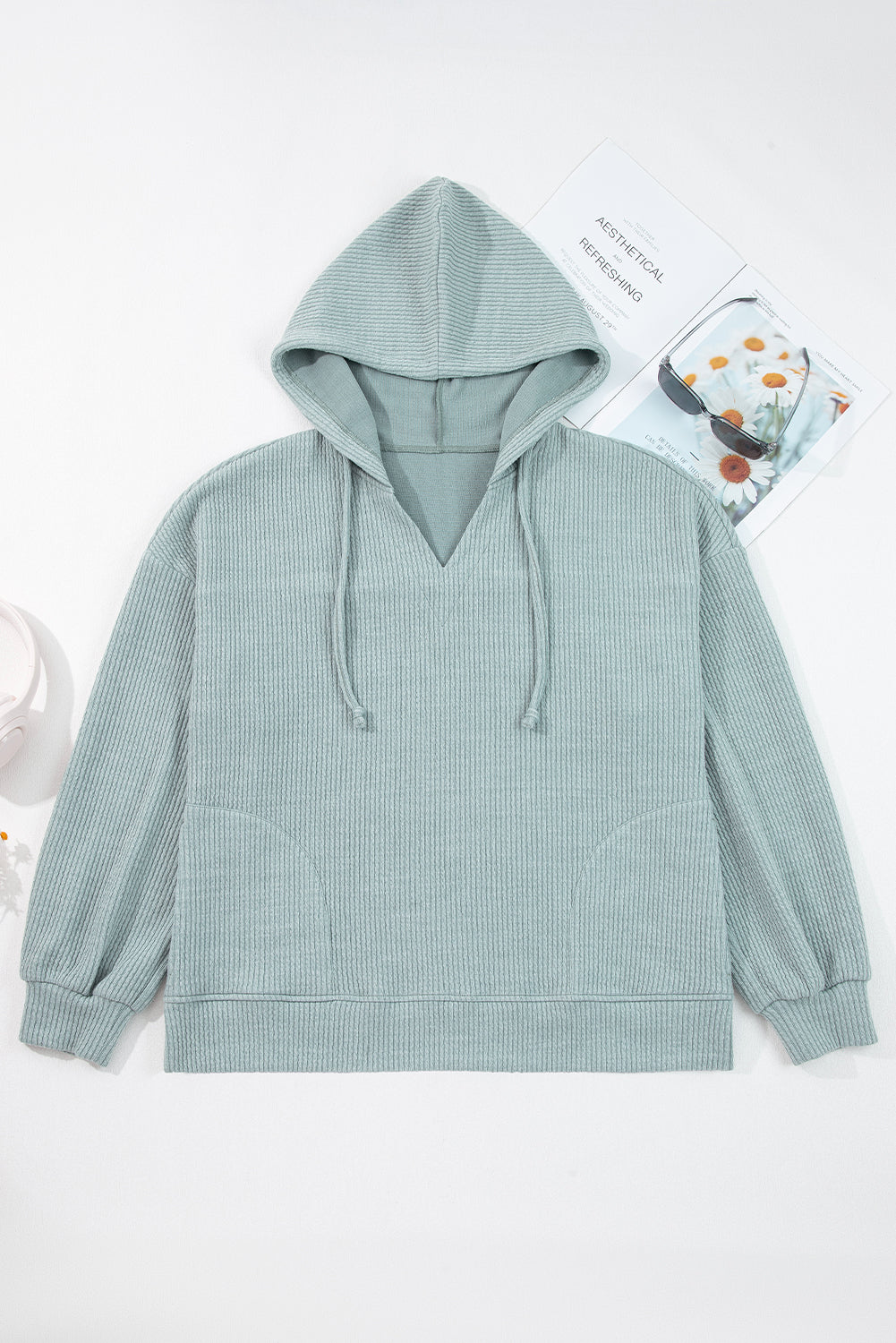 Clearly Aqua Ribbed Drop Shoulder Knit Hoodie