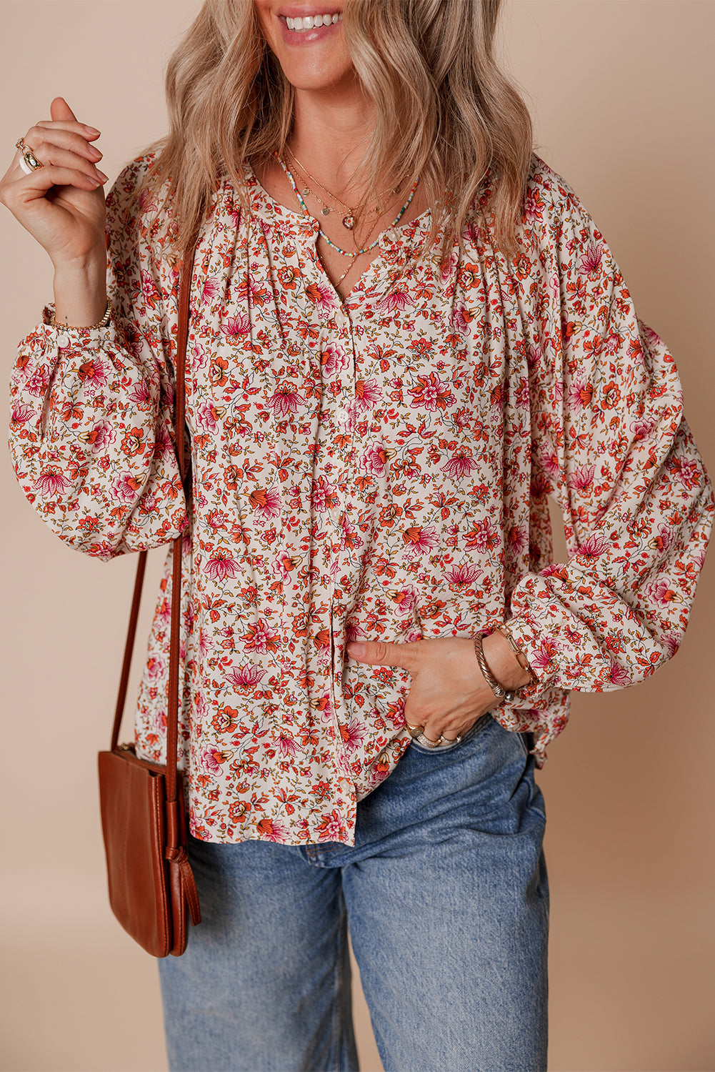 Red Floral Print Pleated Detail Notched Neck Puff Sleeve Blouse