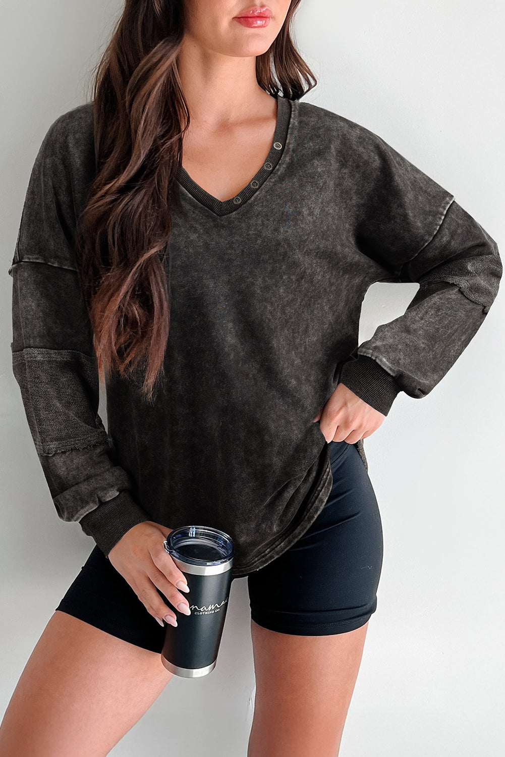 Carbon Grey Mineral Wash Exposed Seam Buttoned V Neck Pullover Top