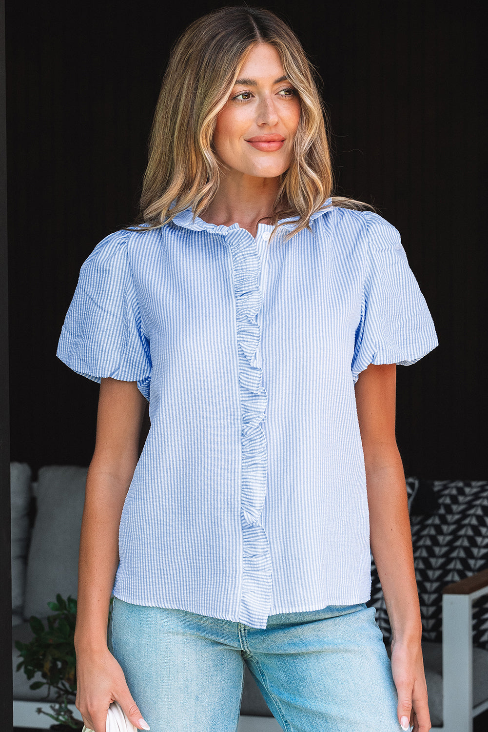 Beau Blue Striped Ruffle Short Bubble Sleeve Shirt