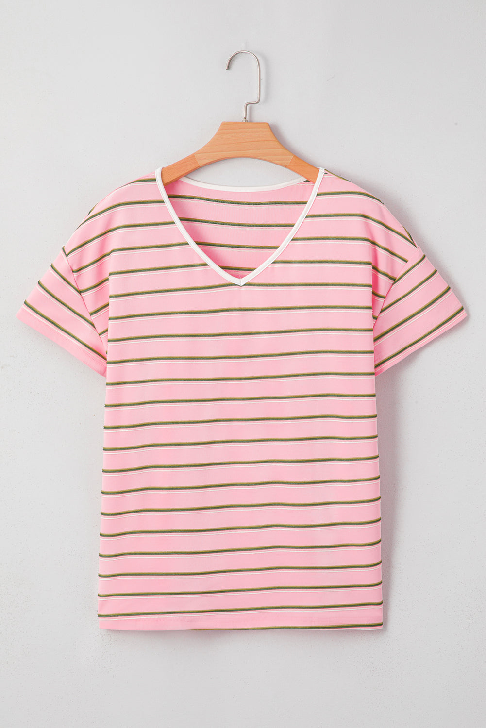 Pink Stripe V Neck Slim Fit Casual T Shirt
