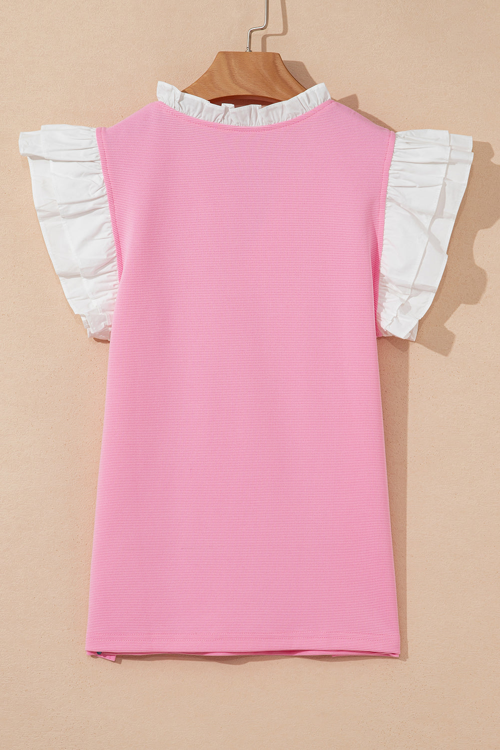 Pink Contrast V Neck Ruffled Textured Knit Top
