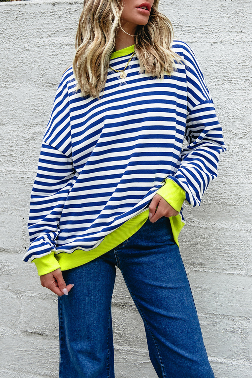 Sky Blue Stripe Striped Contrast Ribbed Trim Crossed Stitch Drop Shoulder Sweatshirt