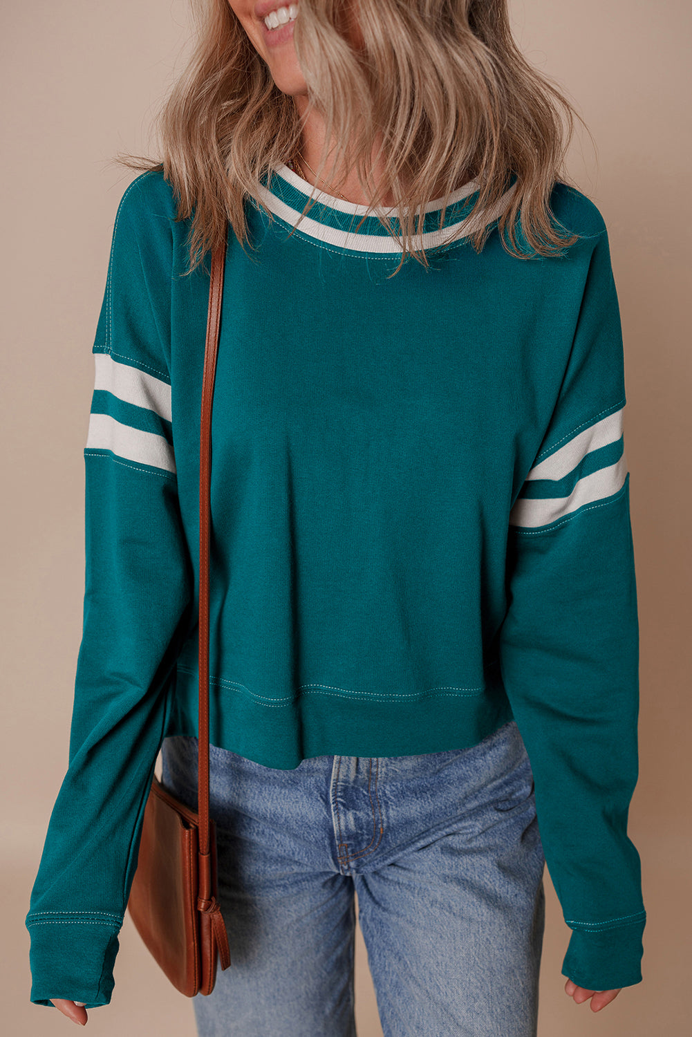 Blackish Green Contrast Striped Patchwork Round Neck Drop Shoulder Sweatshirt