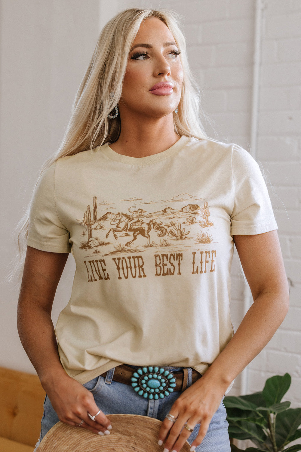 Beige LIVE YOUR BEST LIFE Crew Neck Western Graphic Tee