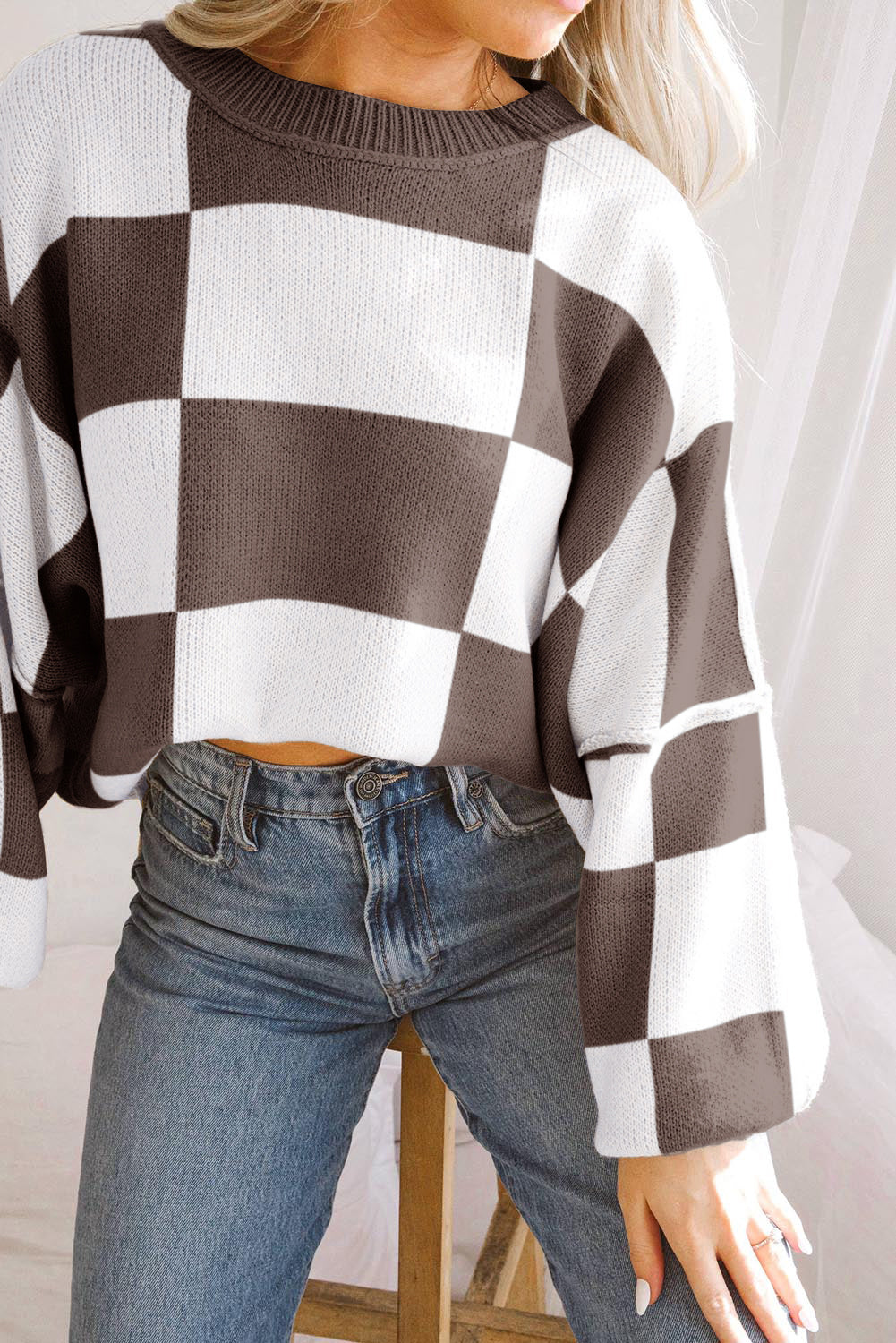 Dark Brown Checkered Bishop Sleeve Sweater