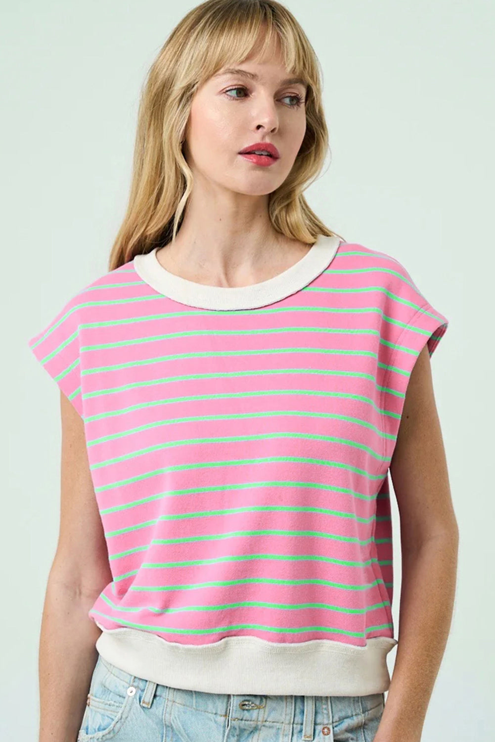 Sachet Pink Striped Crew Neck Cap Sleeve T Shirt