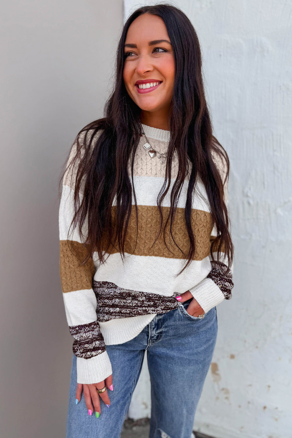 Brown Mixed Texture Knit Striped Color Block Loose Sweater
