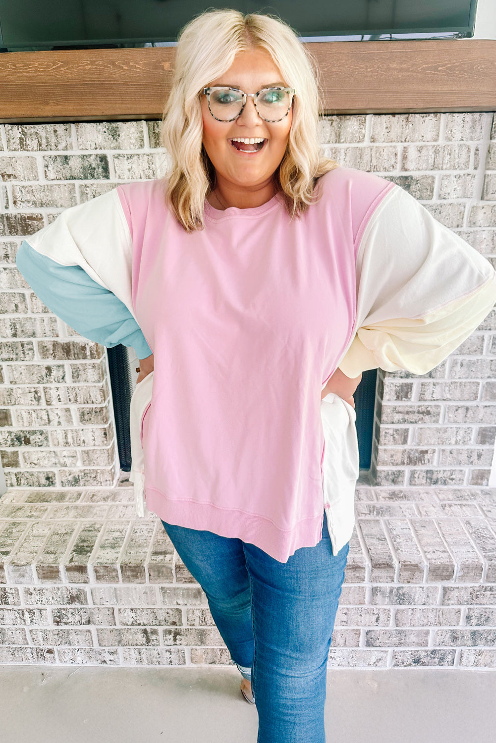 Pink Colorblock Patchwork Drop Shoulder Plus Size Sweatshirt