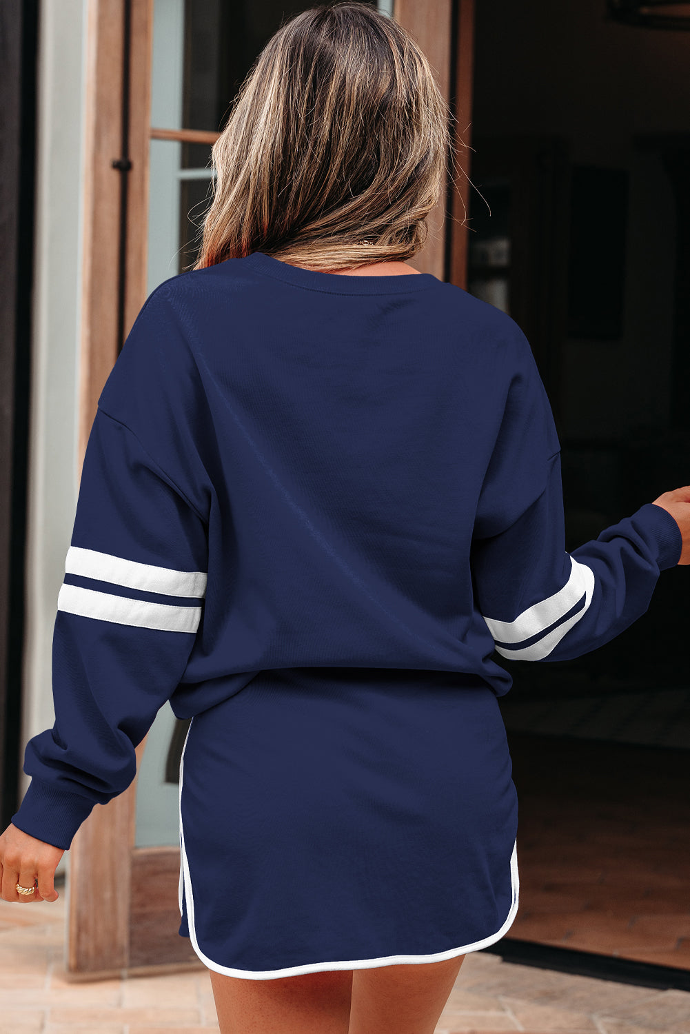 Navy Blue Varsity Stripe Detail Drop Shoulder Pullover Mini Skirt Set
