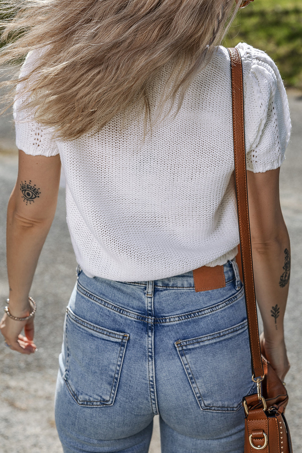 White Pointelle Knit Short Puff Sleeve Crewneck Sweater