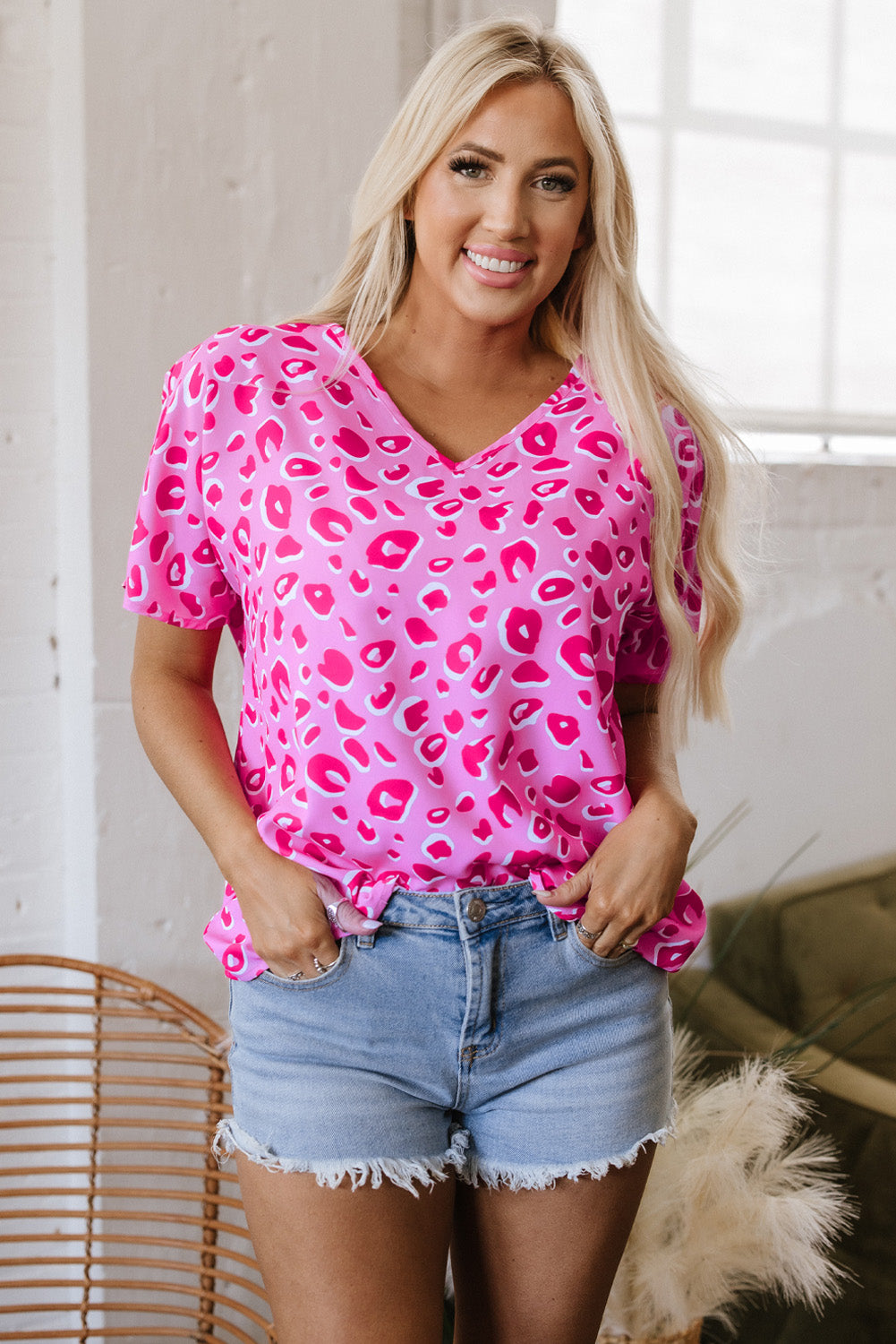 Pink Leopard V Neck Loose Short Sleeve Top