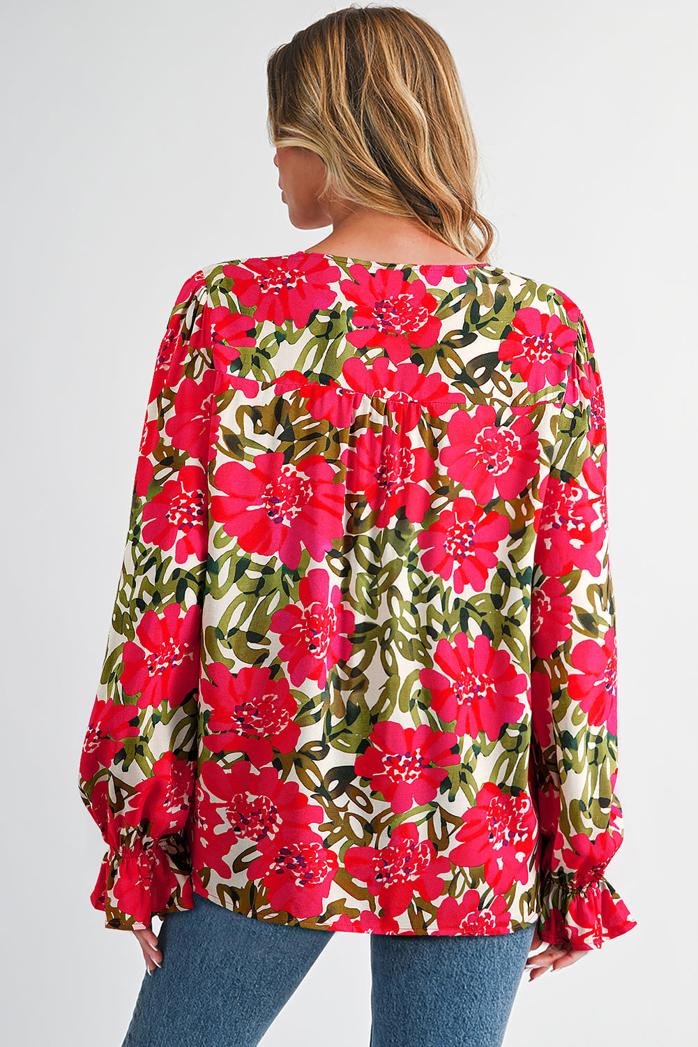 Red Floral Print Lace up V Neck Flounce Sleeve Blouse