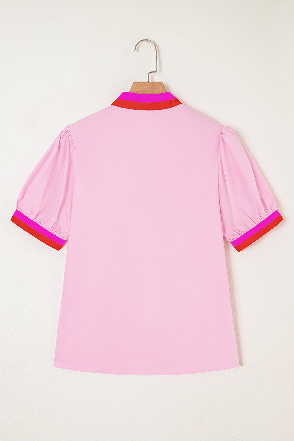 Pink Contrast Striped V Neck Collision Short Puff Sleeve Blouse