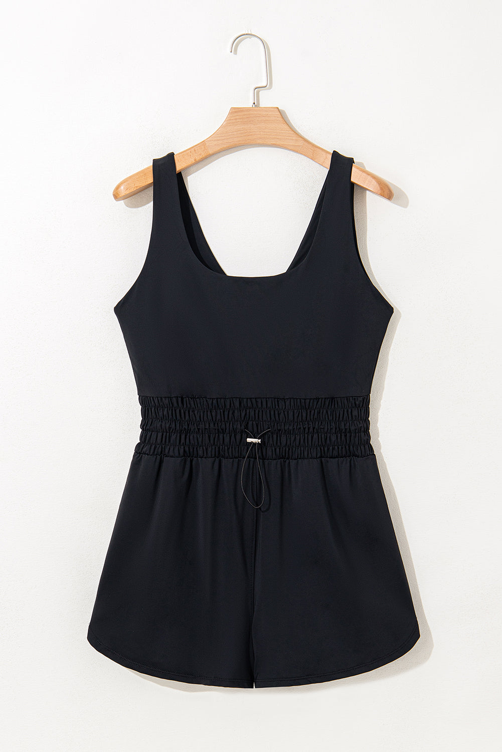 Black Plain Sleeveless Loop Drawstring Cinched Waist Romper
