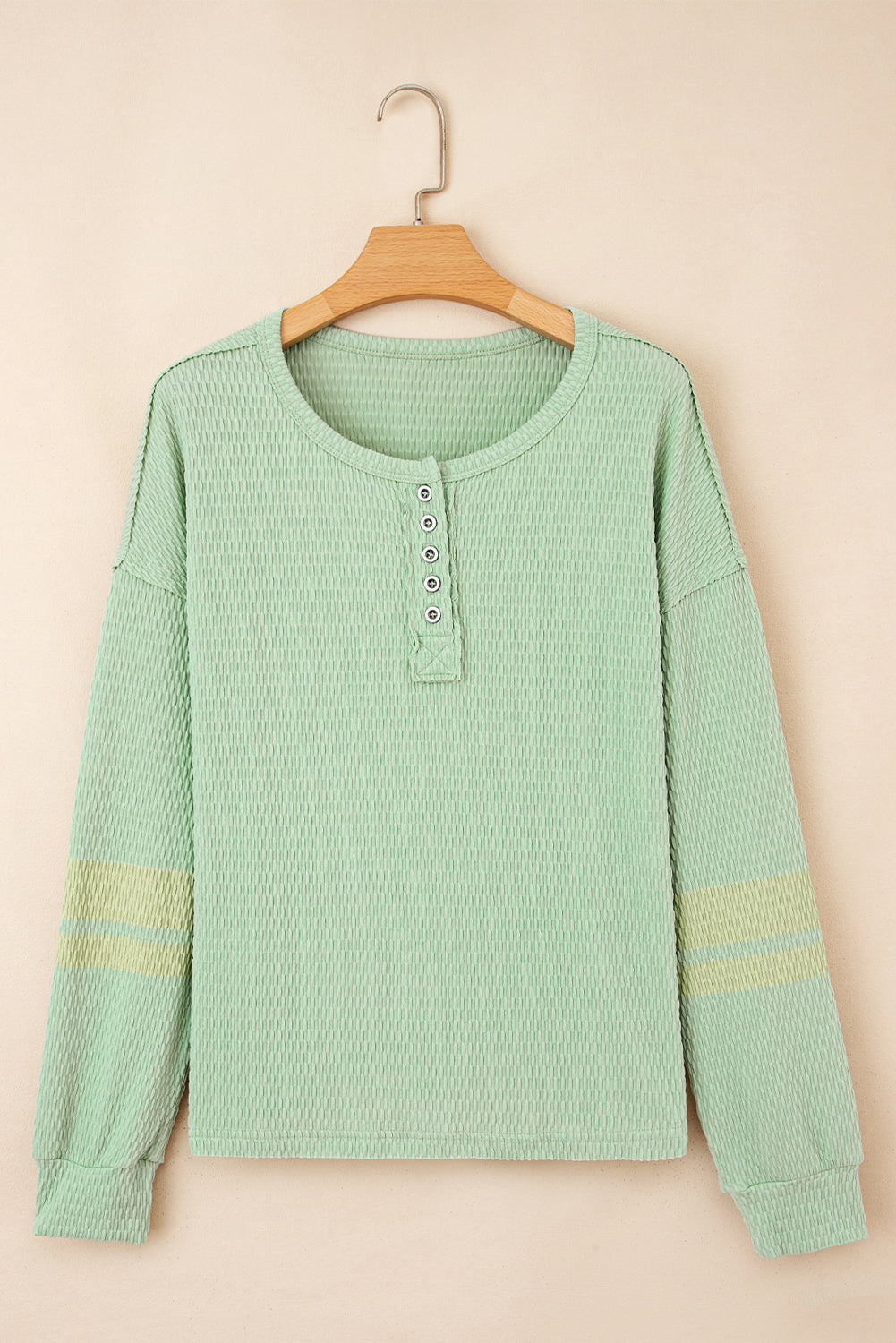 Meadow Mist Green Textured Knit Drop Shoulder Color Block Detail Long Sleeve Henley Top