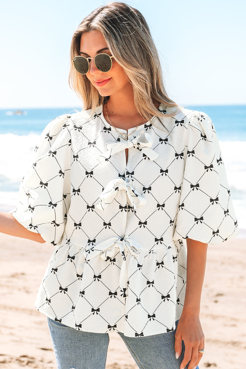 White Bowknot Print Front Knots Bubble Sleeve Blouse