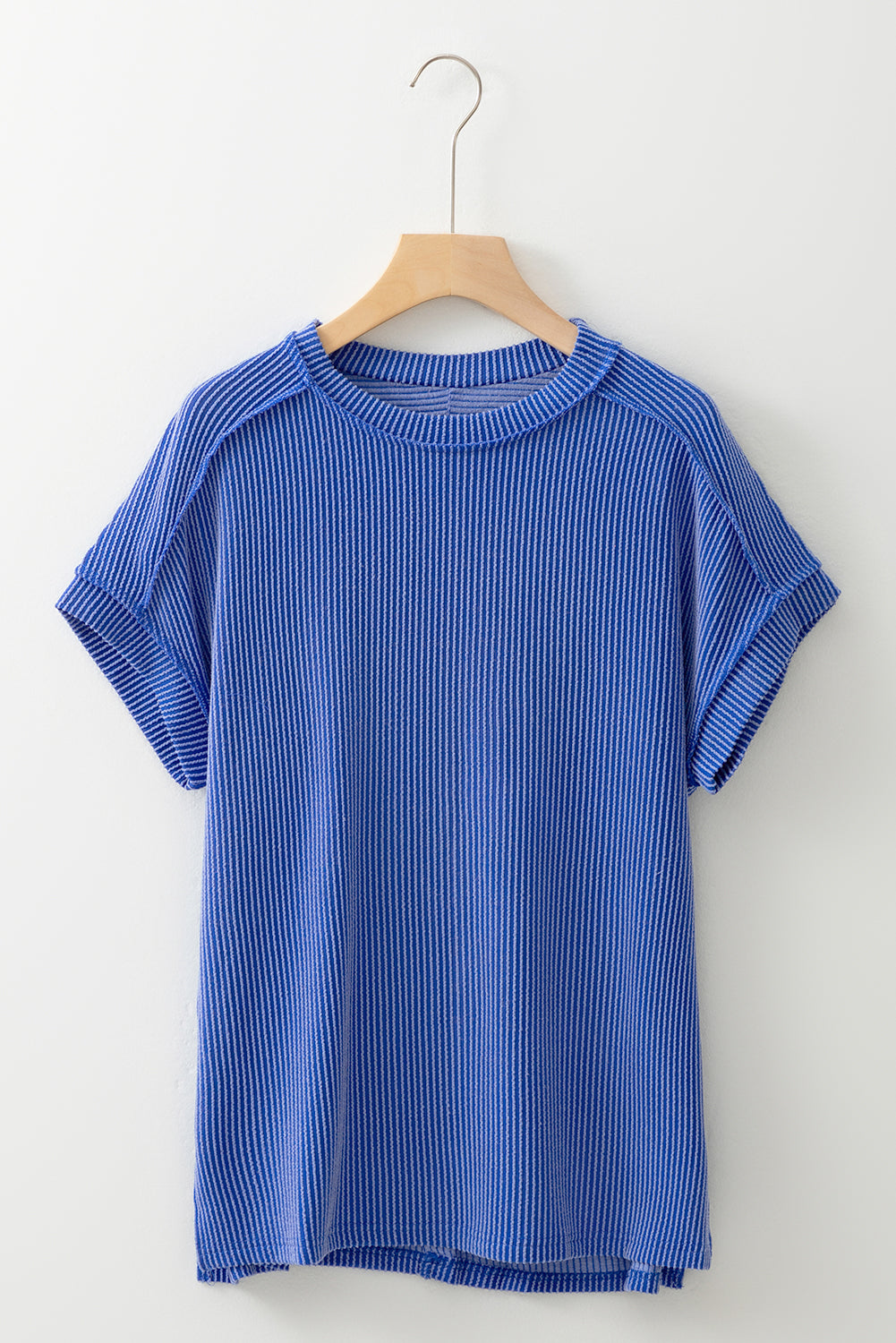 Dark Blue Textured Knit Exposed Stitching T-shirt
