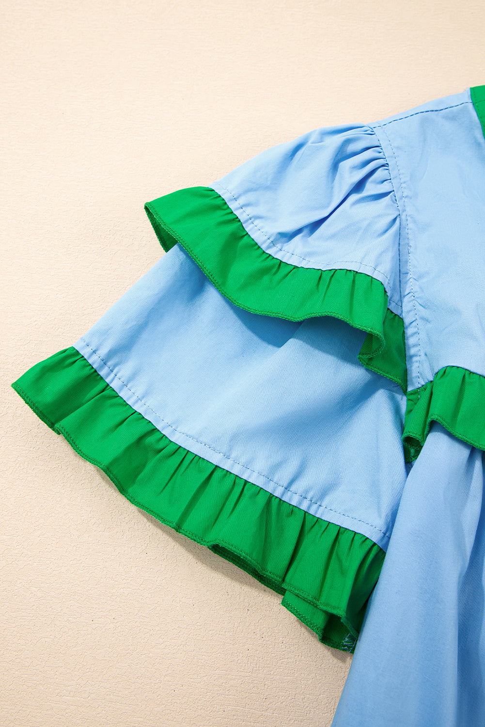 Mist Blue Contrast Notched Neck Frilly Detail Short Sleeve Blouse