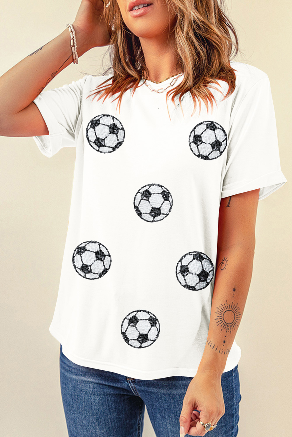 White Sequin Football Patched Graphic Game Day T Shirt
