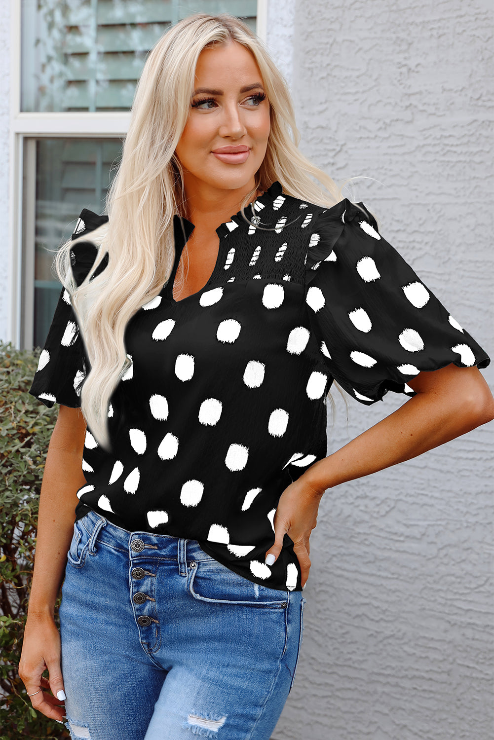 Black Polka Dot Print Shirred Yoke Notched Neck Balloon Sleeve Blouse