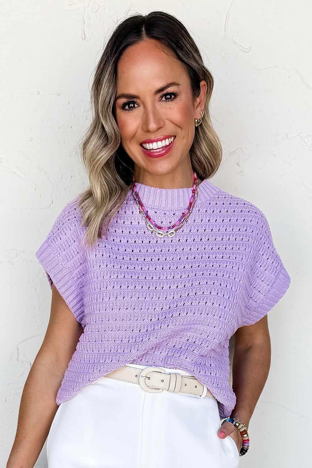 Lavendula Pointelle knit Ribbed Trim Short Sleeve Sweater