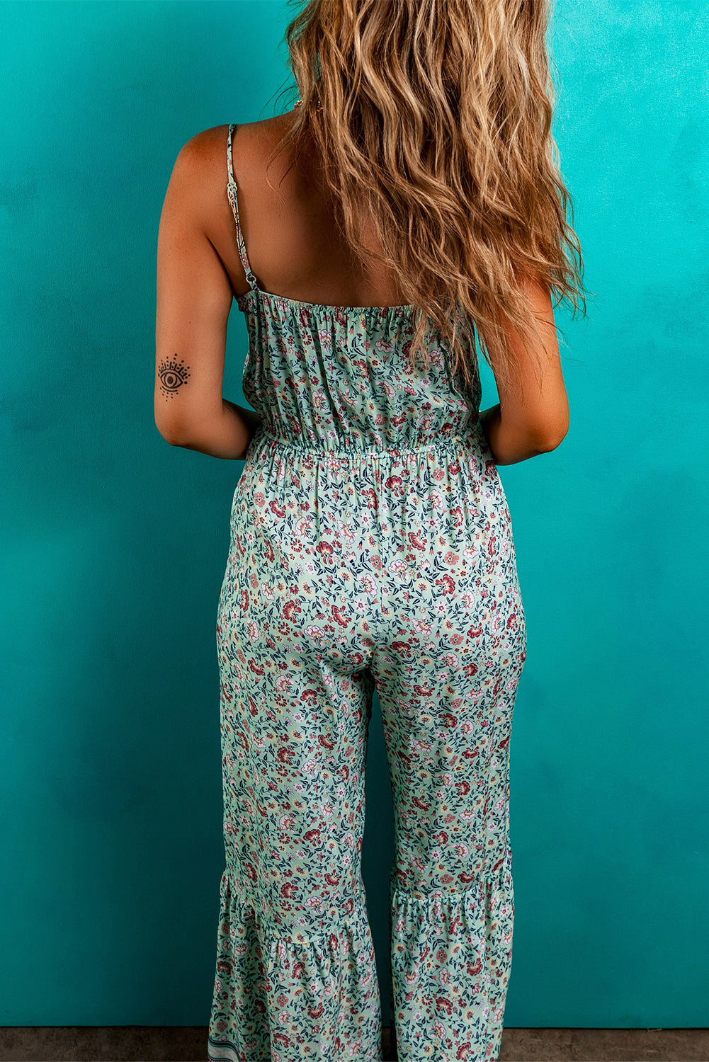 Green Bohemian Floral Ruffle Bottom Spaghetti Strap Jumpsuit