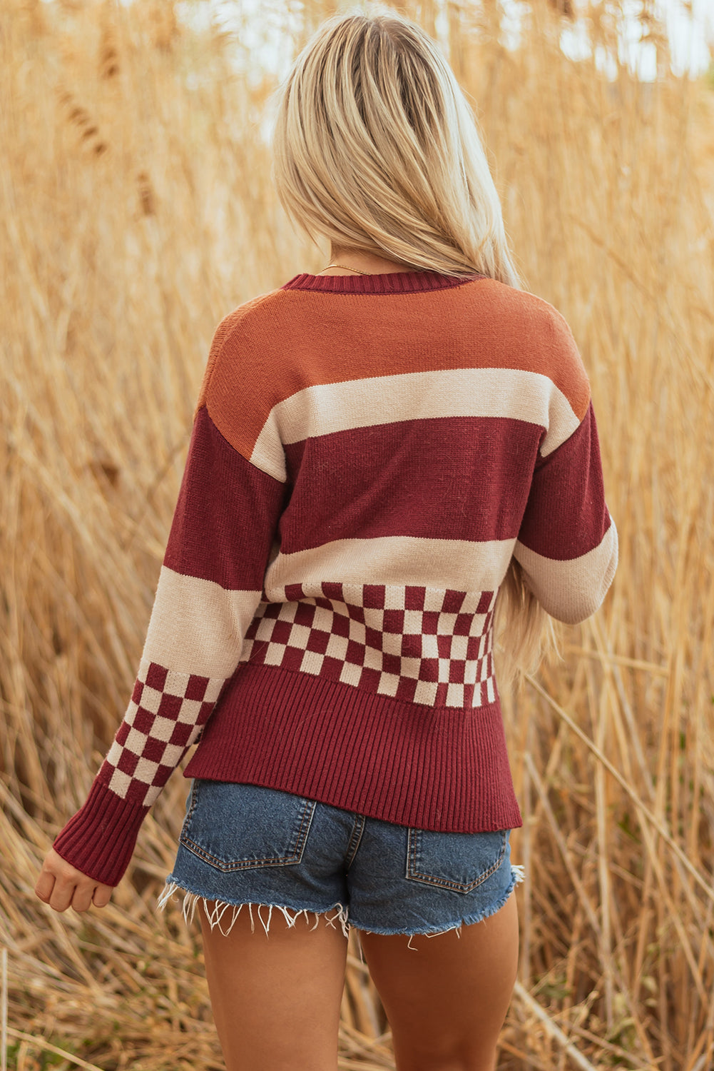 Brown Checkered Color Block Knitted Drop Shoulder Sweater