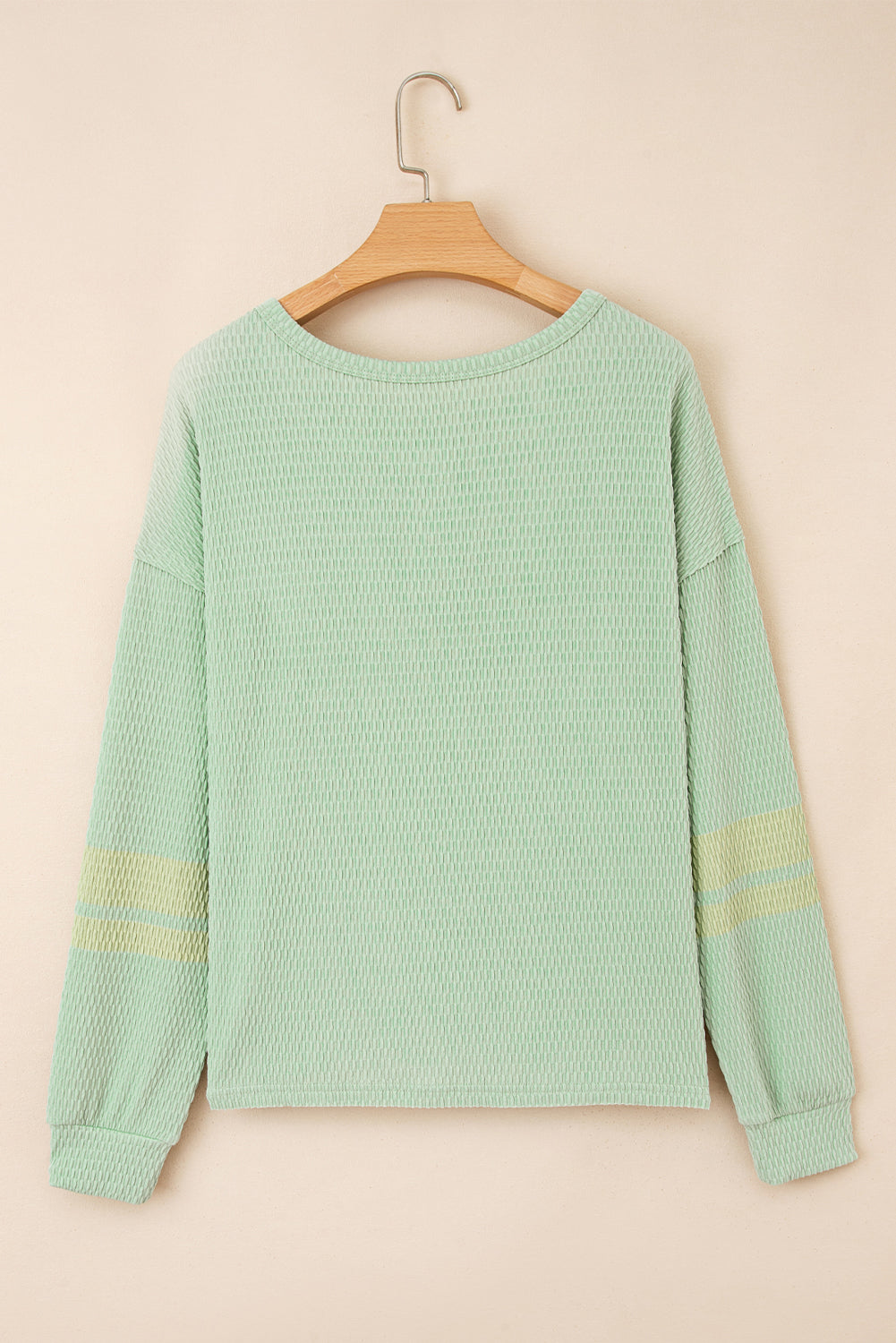 Meadow Mist Green Textured Knit Drop Shoulder Color Block Detail Long Sleeve Henley Top