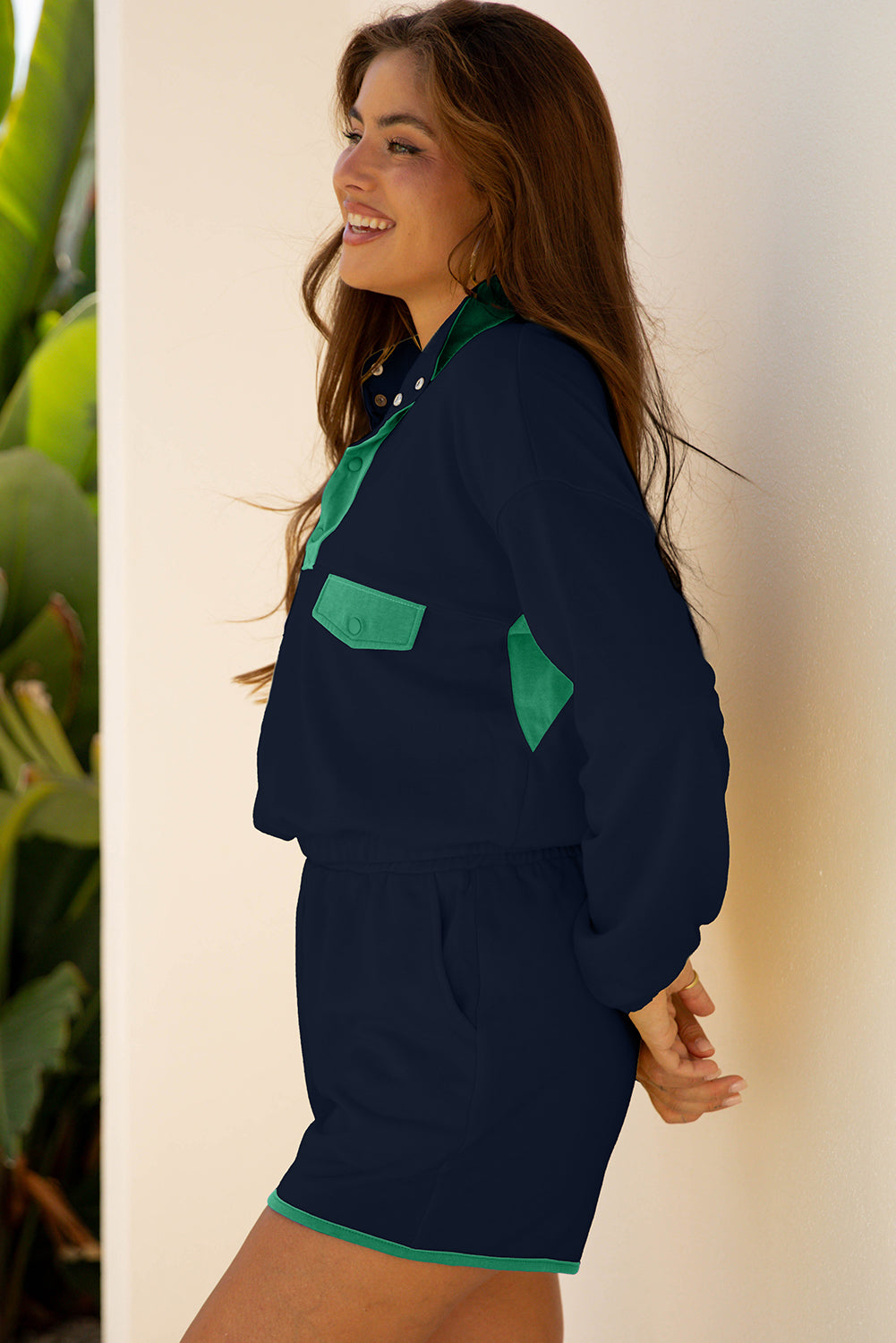 Navy Blue Color Block Patchwork Half Button Pullover and Shorts 2pcs Outfit