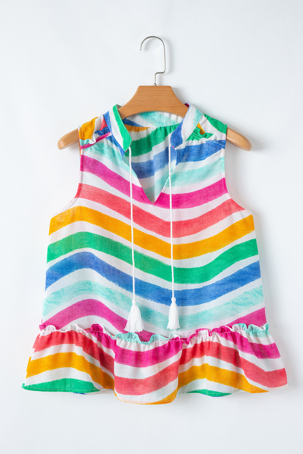 Rose Red Rainbow Stripes Ruffled Hem Drawstring V Neck Tank Top