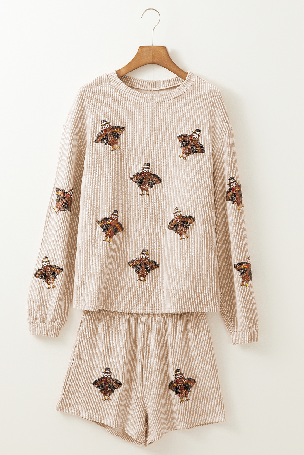 Parchment Thanksgiving Sequined Turkey Corded Knit Loose Fit Shorts Set