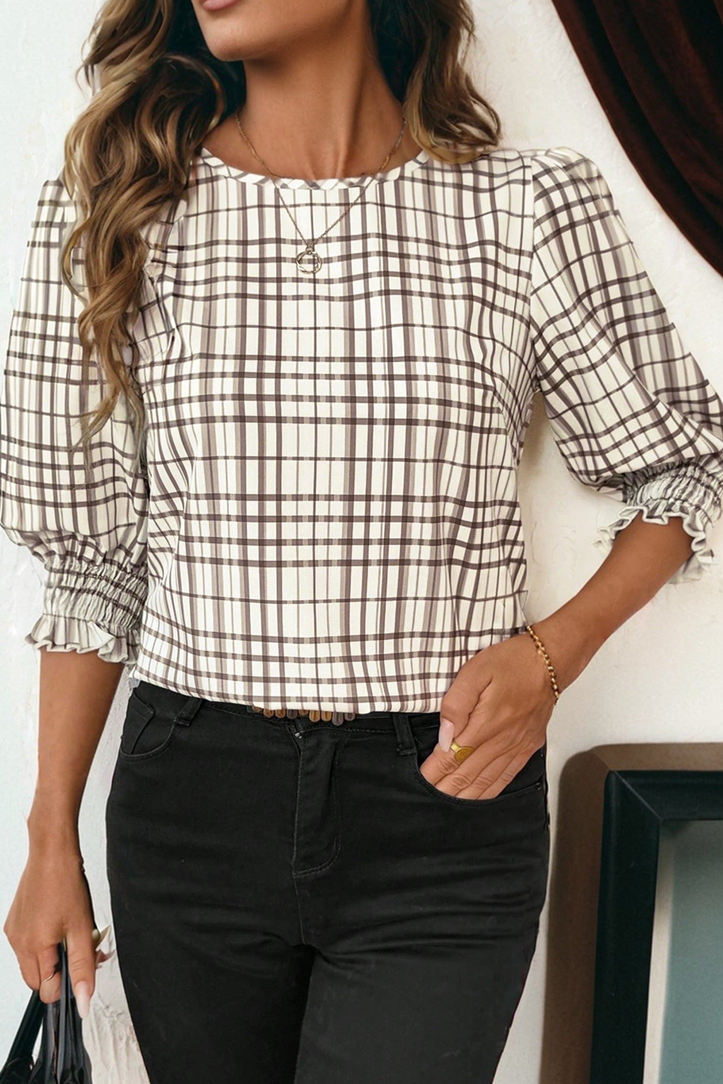 White Plaid Print Frilled Puffy Half Sleeve Blouse