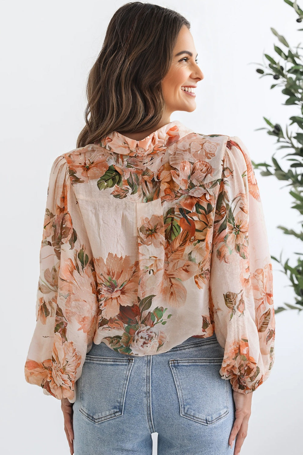 Orange Floral Puff Sleeve Lightweight Shirt