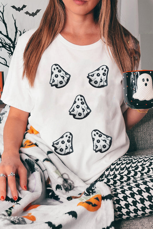 White Playful Ghost Patched Cotton Blend T Shirt