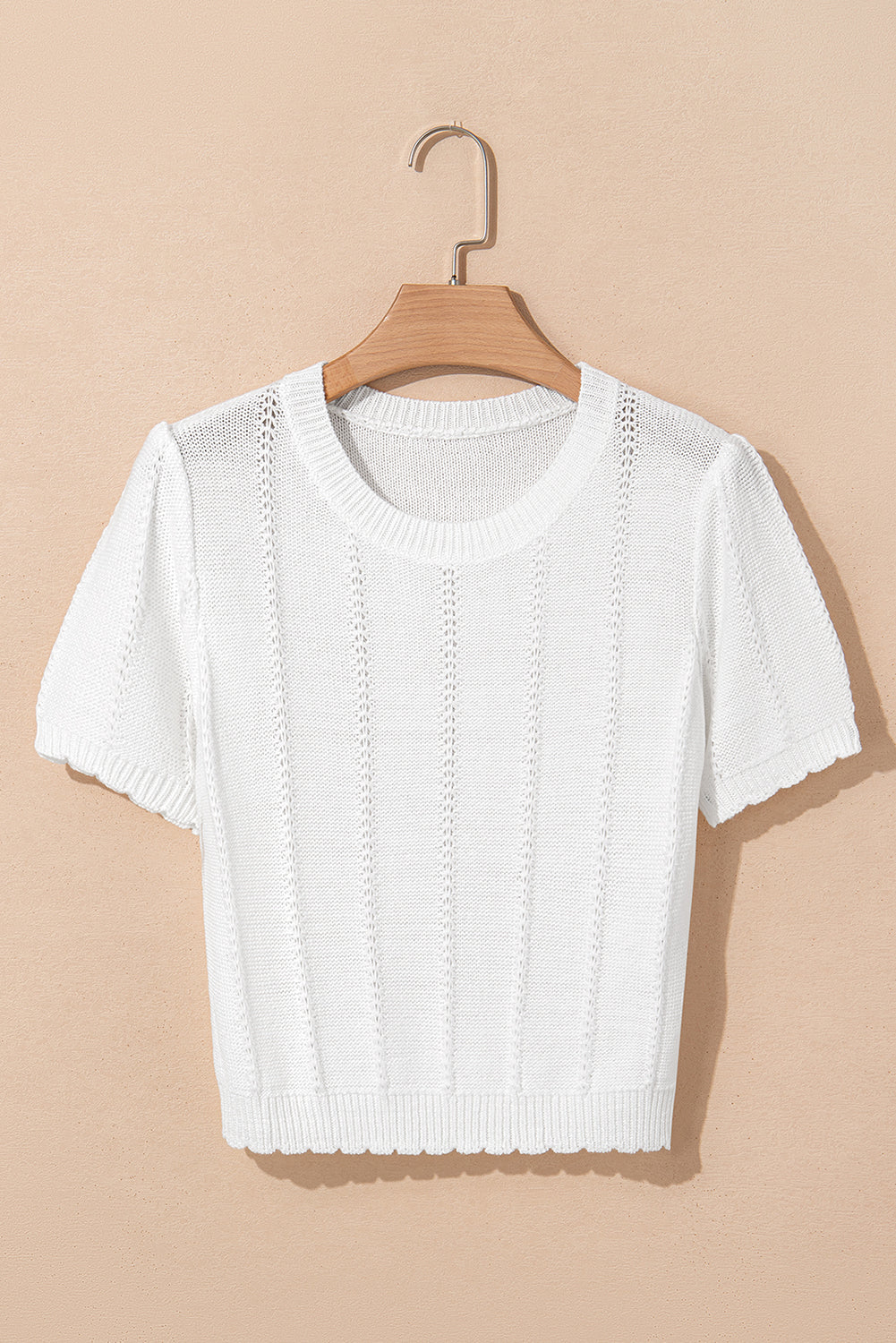 White Pointelle Knit Short Puff Sleeve Crewneck Sweater