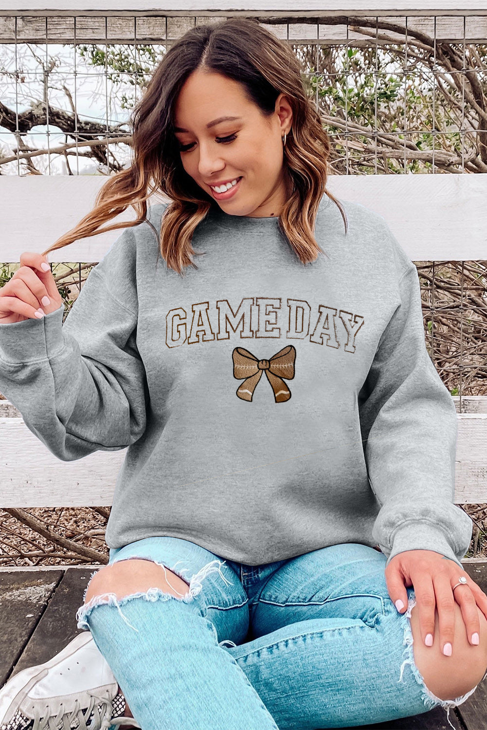 Gray GAME DAY Rugby Bow Embroidered Casual Sweatshirt