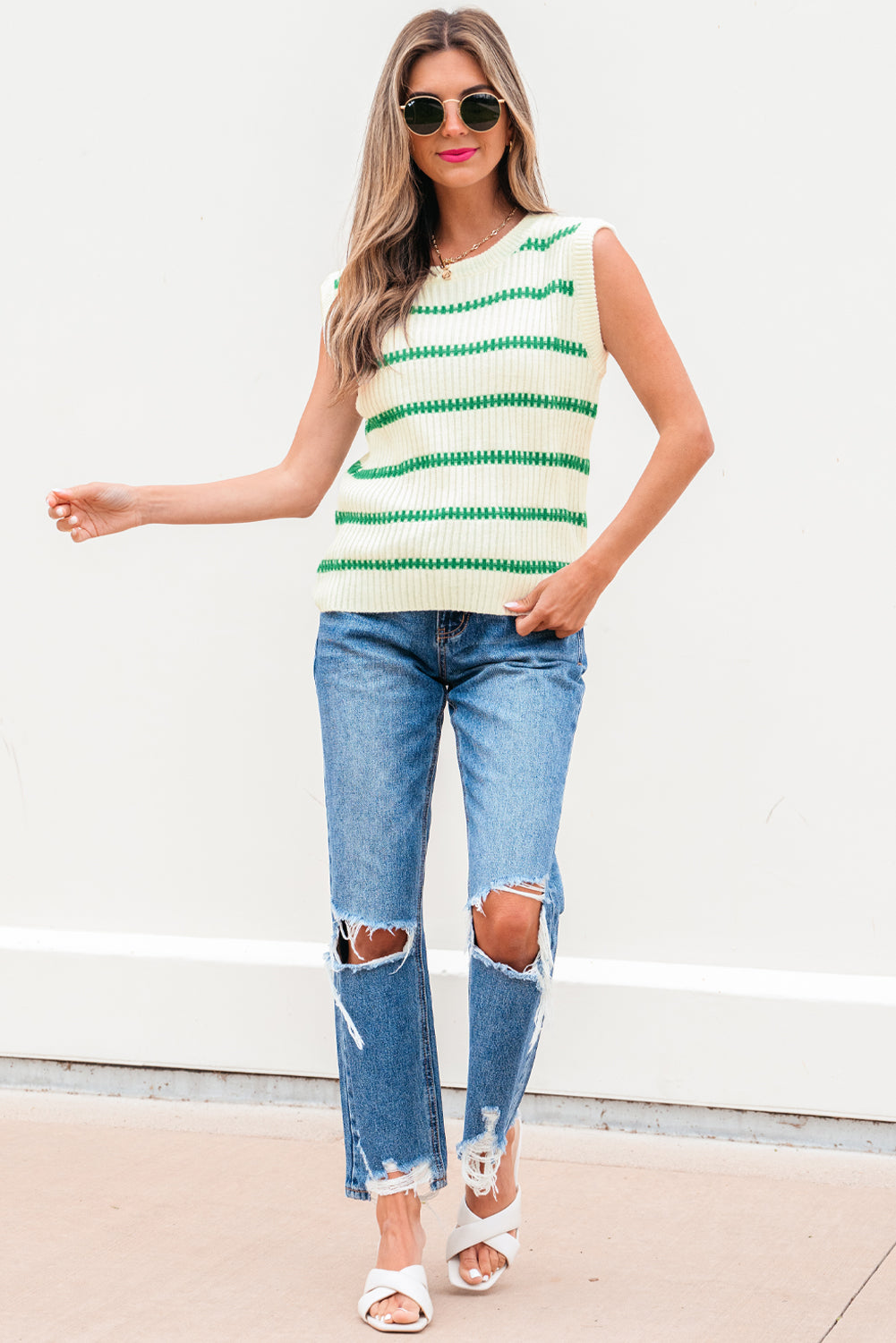 Bright Green Striped Round Neck Casual Sweater Vest