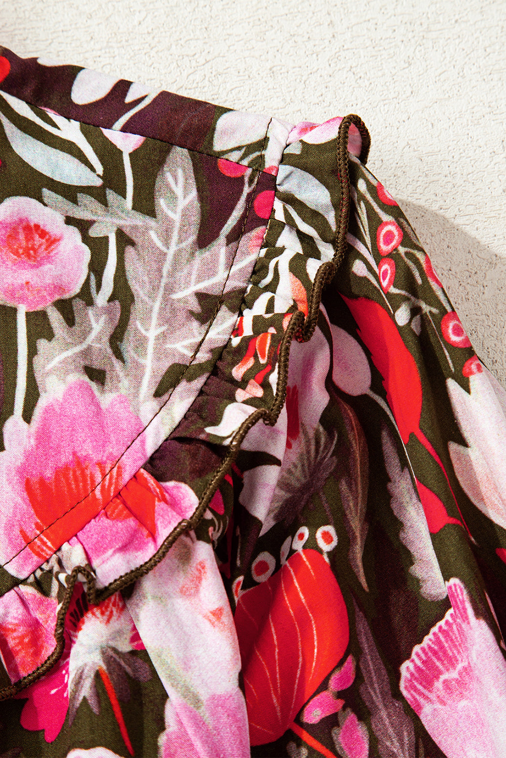 Red Floral Three Quarter Sleeve Lace-up Neck Blouse